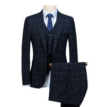 Load image into Gallery viewer, Men's plaid suit 3 Pieces Notched Shawl Lapel Blazer Suit Sets Formal Slim Fit Tuxedos Suit 2019 Royal Blue(Blazer +Vest+Pants)