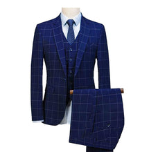 Load image into Gallery viewer, Men's plaid suit 3 Pieces Notched Shawl Lapel Blazer Suit Sets Formal Slim Fit Tuxedos Suit 2019 Royal Blue(Blazer +Vest+Pants)
